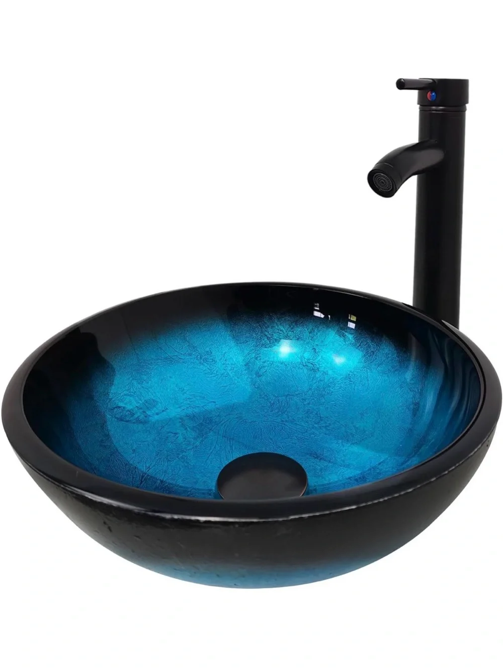 Glass Vessel Sink in Deep Blue with Faucet, Contemporary Bowl - New in Box